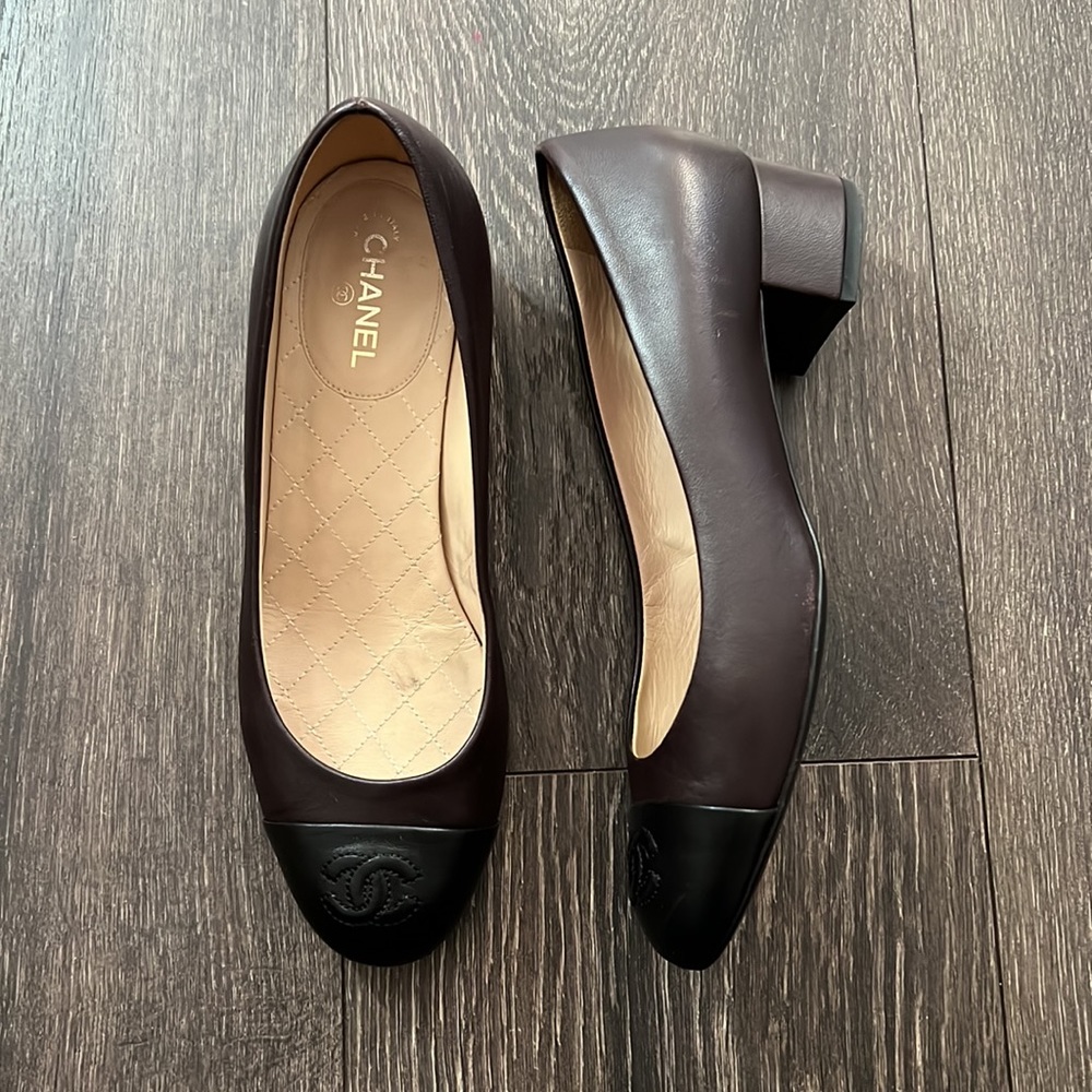 Chanel Cap Toe Leather Ballet Ballerina Block Heels G30239